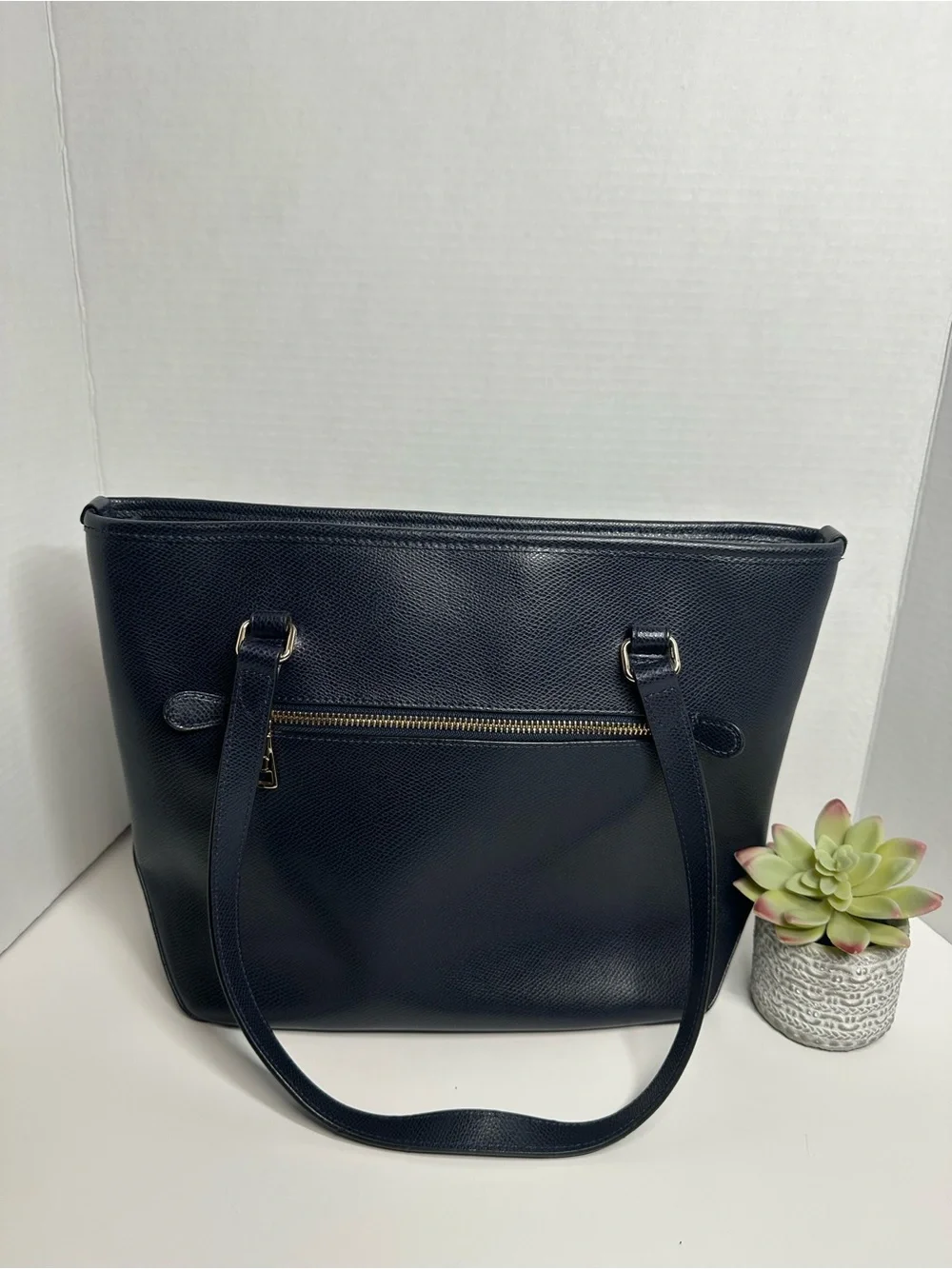 Coach Navy Pebbled Leather Tote with Tag and Gold Accent